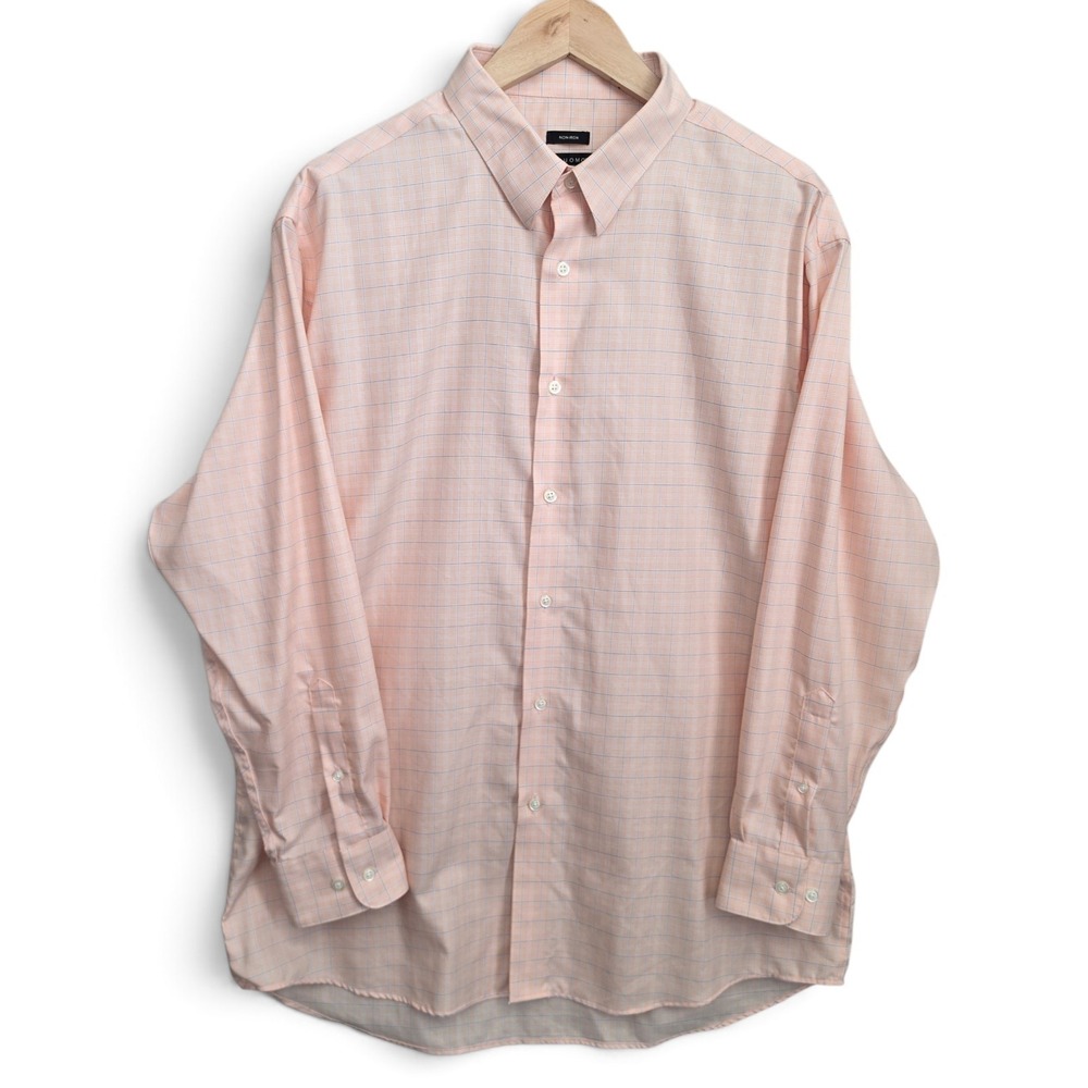 Pronto Uomo Mens Dress Shirt 17 32/33 Peach Orange Plaid Check Non Iron LS